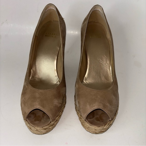 Stuart Weitzman Tan Suede Wedge Platform Peep Toe Espadrille Pumps Size 9.5 M - Picture 11 of 11